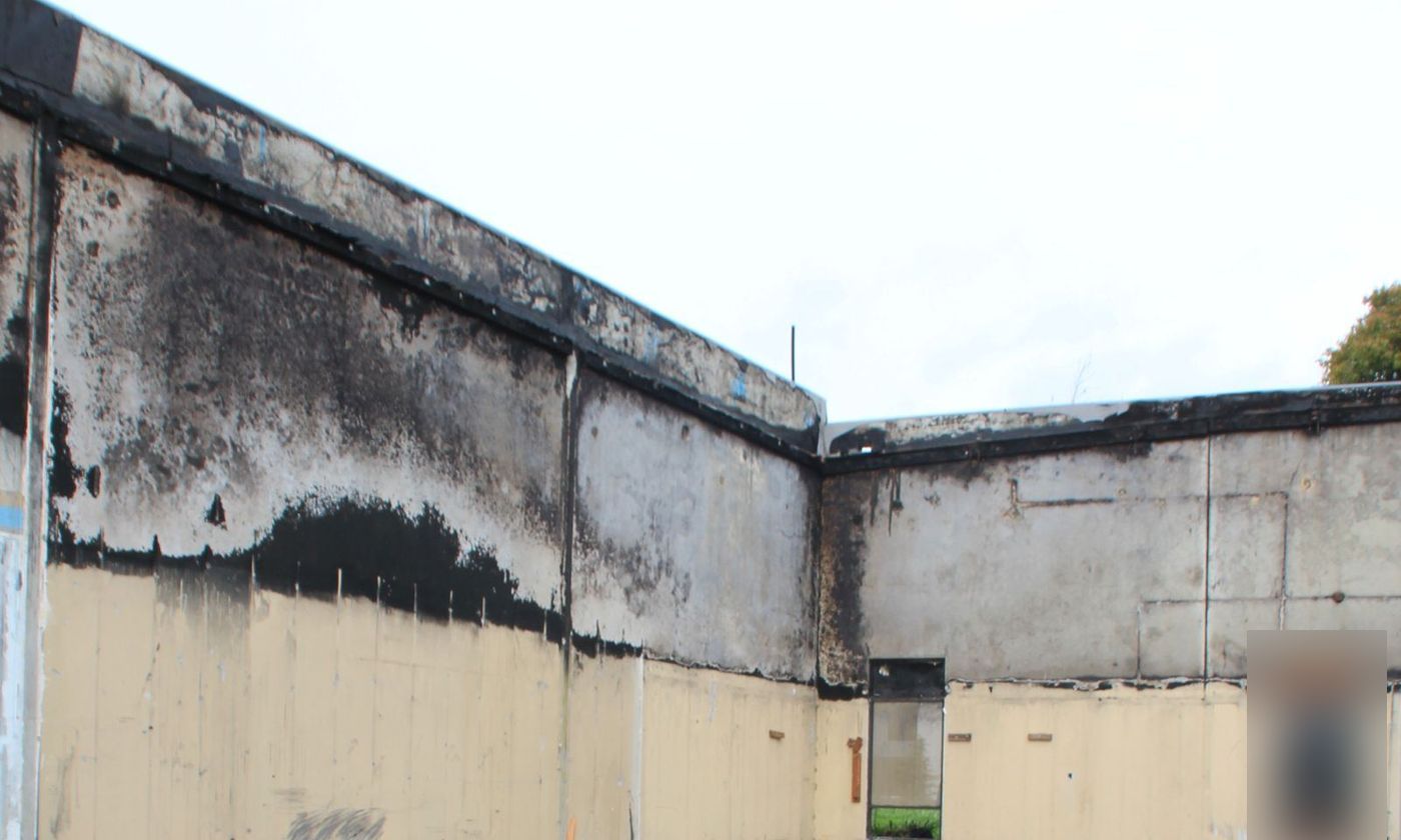 Fire-damaged commercial building interior, Fremont