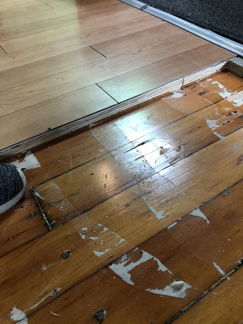 Before: water-damaged wood flooring, cupped and lifting at the threshold
